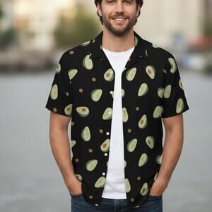 Incerun Avocado Print Shirt Mens Medium Navy Green Short Sleeve Novelty Casual